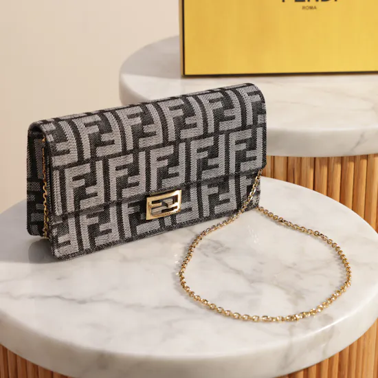 Fendi Blue Denim-Effect FF Jacquard Wallet On Chain Baguette