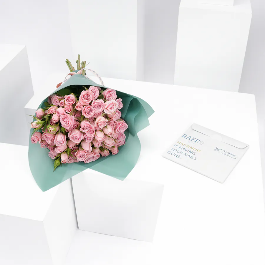 Raff by Paris Gift Card with baby rose bouquet  6