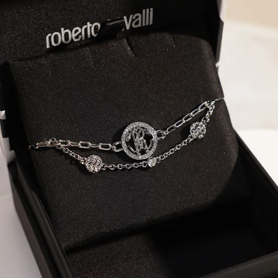 Roberto Cavalli ٍSilver-Tone Double Layered Logo Bracelet