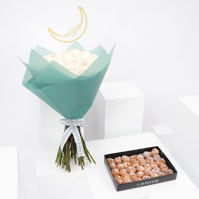 Laviviane Mini Eclair Creme Brulee Box with Roses Bouquet