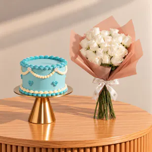 The Hummingbird Bakery Personalized Frosted Fairy Tale Cake | Pure Garden White Rose Bouquet