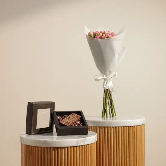 Ghazl Chocolatier Get Well Soon Mini Chocolate Box | Pink Baby Rose Bouquet