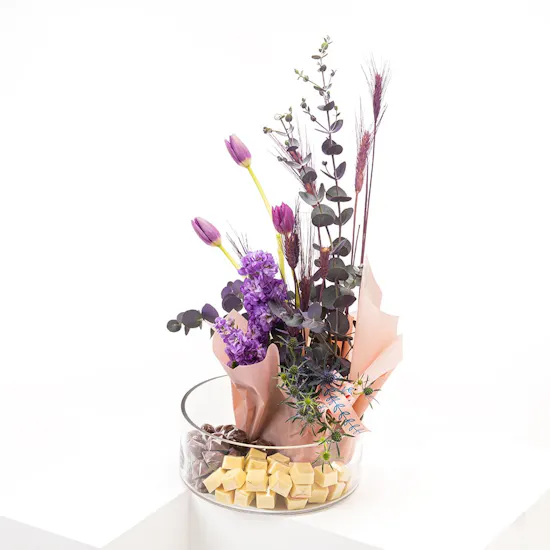 Chocolates with Purple Blooms Tray