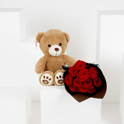 12 Red Roses Hand Bouquet with a Small Teddy Bear