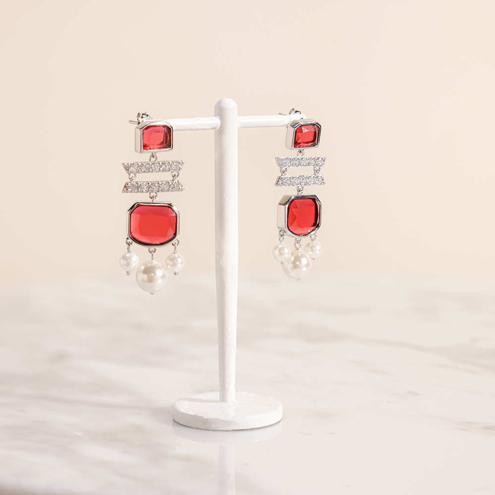 Floward Red Ruby and Pearls Earrings