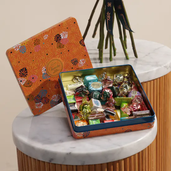 Venchi Murrine Maxi Assorted Chocolates Orange Tin Box | Golden Bloom Moment Flowers