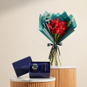 Fossil Everett  Brown Leather Men's Watch and Bracelet Set | Soft Flowers