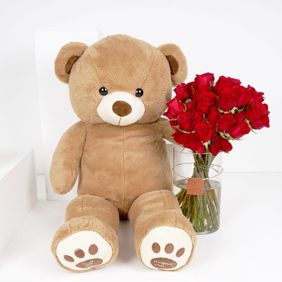 Large Red Roses Cylinder Vase with a Large Teddy Bear