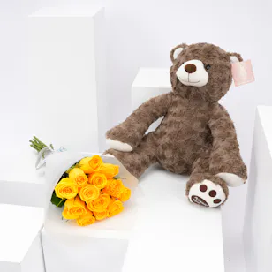 Floward Koki Bear with 12 Yellow Roses Bouquet
