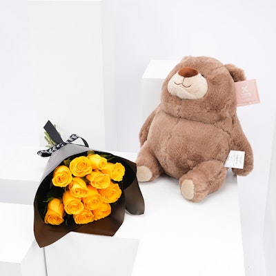 Floward Plush Bear with 12 Yellow Roses Bouquet
