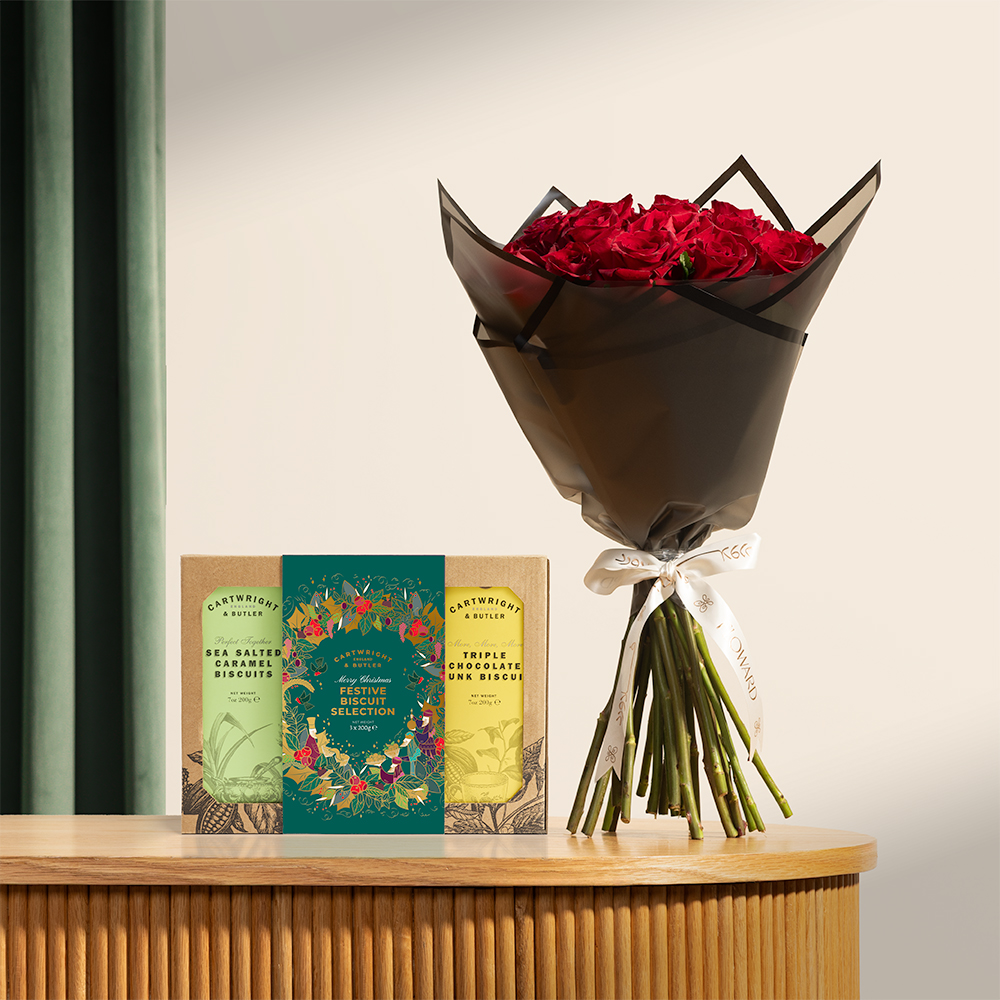 Cartwright & Butler Festive Biscuit Selection Box | Romantic Crimson Roses Bouquet