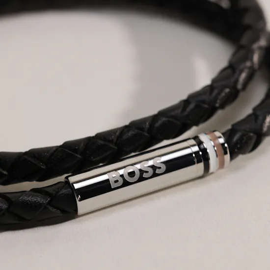 Hugo Boss Ares Double Braided Leather Black Cuff Men's Wristband