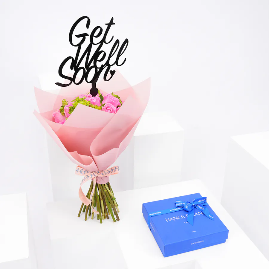 Hanoverian Caramel Chocolate Box with Get Well Soon Blooms Bouquet 1