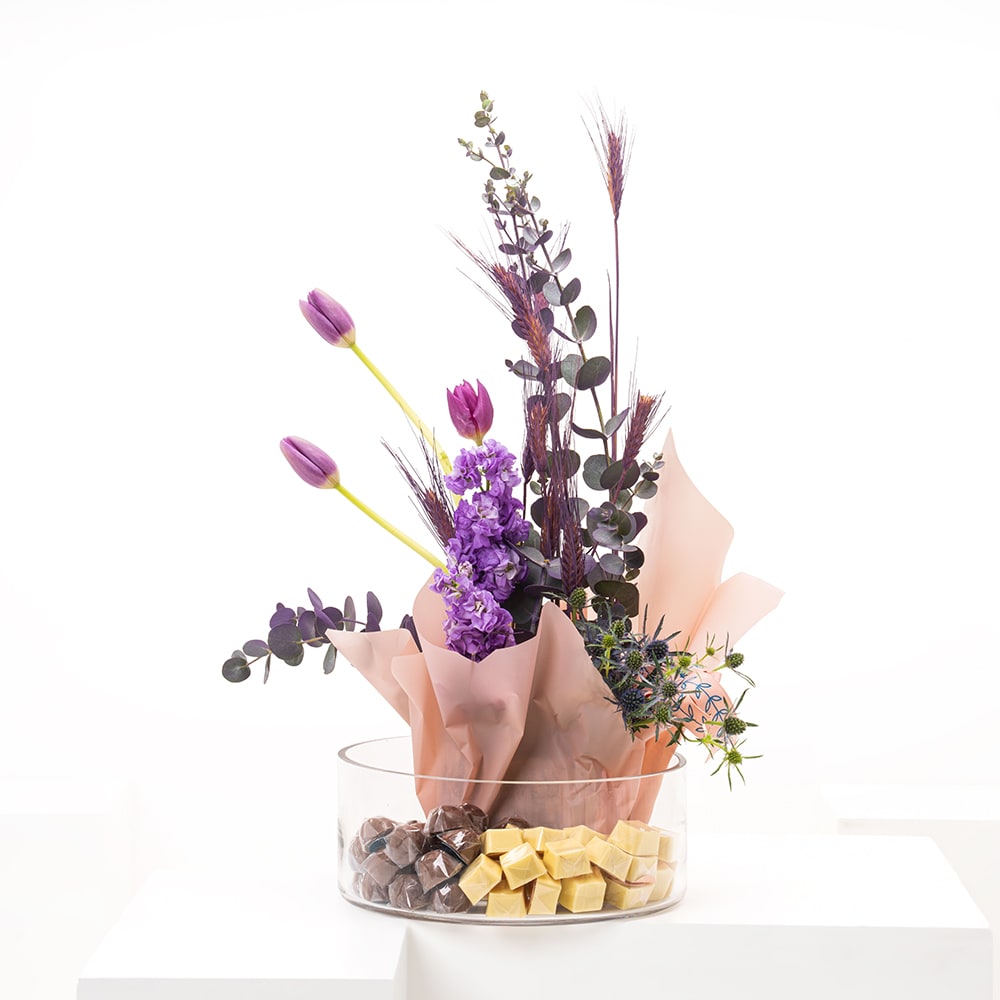 Chocolates with Purple Blooms Tray
