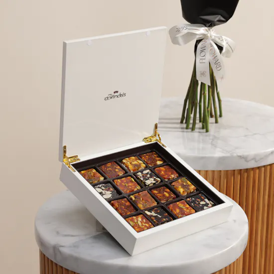 MyGovindas Zero Sugar Dry Fruit Chikki Wooden Box | Elegant Flower Bouquet