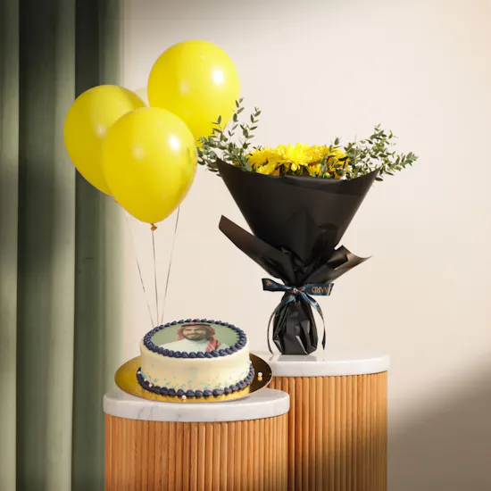 Floward Personalized Photo Chocolate Blue Cake | Elegant Flowers Bouquet and Yellow Balloons