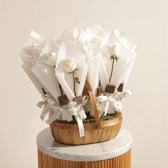 Floward Essence of Heritage Chocolate and White Rose Favor Basket