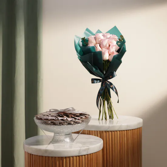 Abucci Pistachio Kunafa Chocolate Tray | Delightful Flower Bouquet