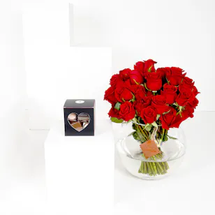 Medium Red Roses Fish Bowl Vase with a Medium Chocolate Box