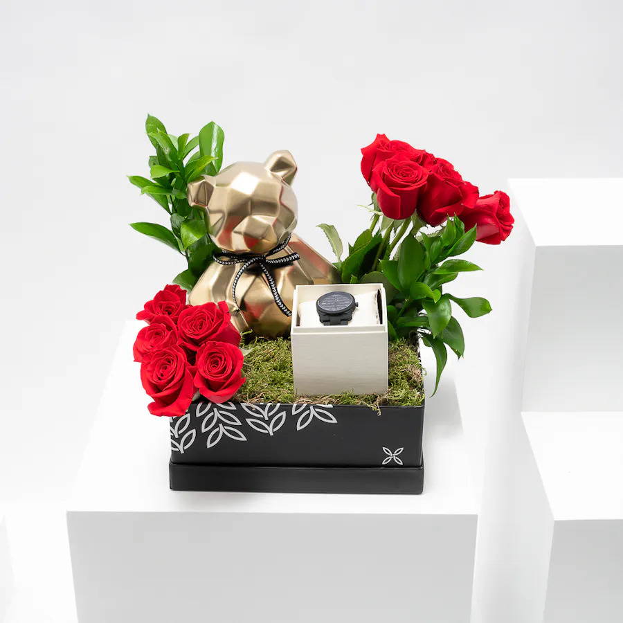 Al Shaya Avalieri Prestige Watch | Gold Bear & Red Roses 1