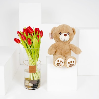 Small Red Tulips Cylinder Vase with a Small Teddy Bear