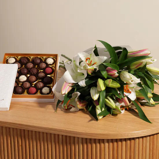 Bateel Alaska White Truffles Box | Lilies Bouquet