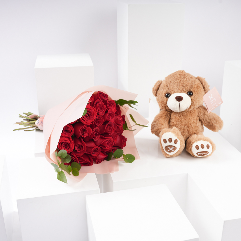 Floward Small Teddy Bear | Enchanting Red Roses