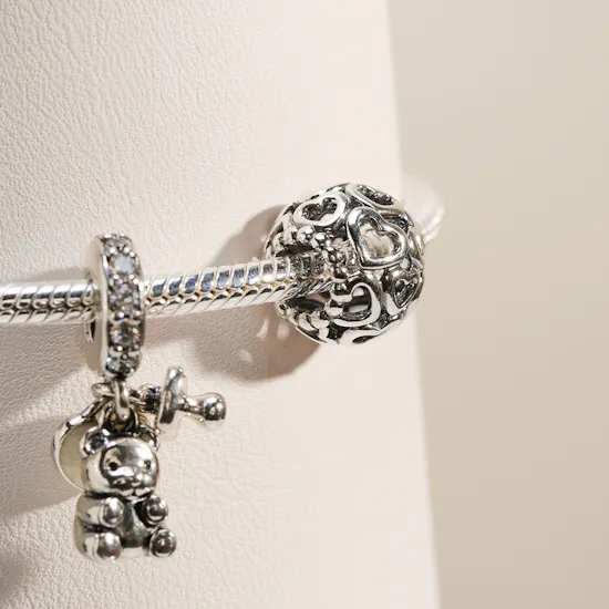 Pandora Heart Chain with Heart and Teddy Bear Dangle Charms Bracelet Set