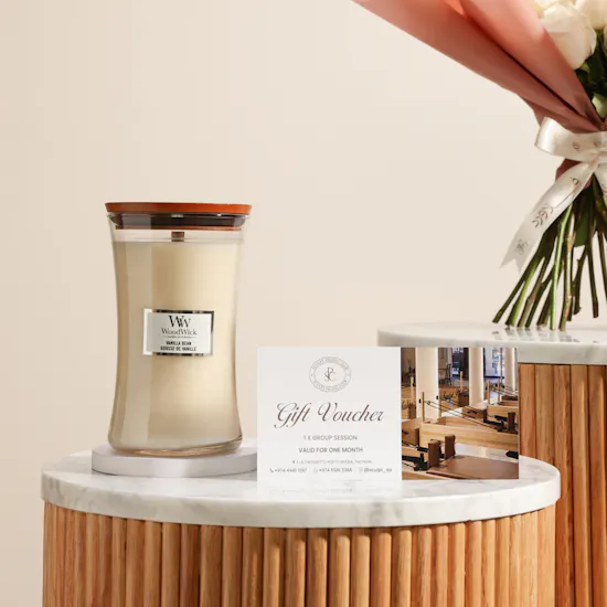WoodWick Hourglass Candle | Sculpt Pilates Group Session Gift Voucher and Glam Roses