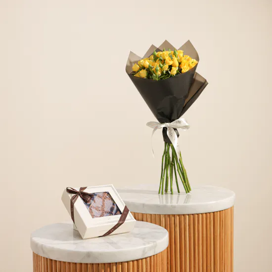 Ghazl Chocolatier Happy Birthday Mini Box | Yellow Baby Rose Bouquet