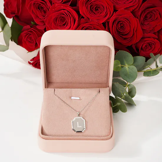 Floward Letter L Rhodium Plated Silver Necklace | Red Roses Bouquet