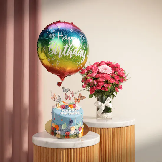 Floward Butterfly Birthday Cake | Enchanting Flower Vase and Balloons