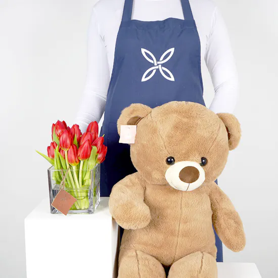 Red Tulips Square Vase | Medium Teddy Bear