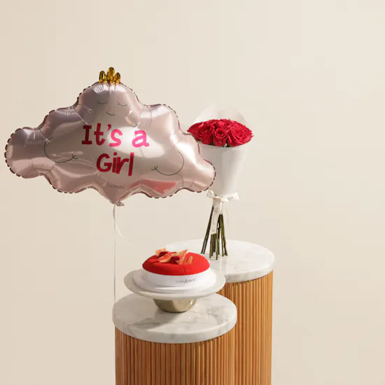 Aani & Dani Red Velvet Cake | Baby Girl Arrival Flowers and Balloon