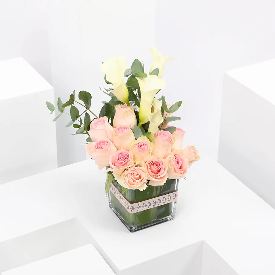Esperance Roses & White Calla | Square Vase 2