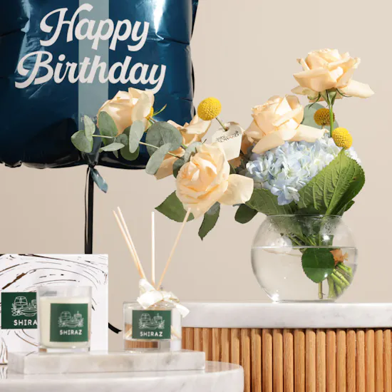 Shiraz Luxury Diffuser Gift Set | Flowers Vase and Birthday Balloon