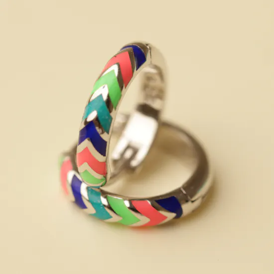 Zia Summer Neon Chevron Enamel Huggie Hoop Silver Women's Earrings