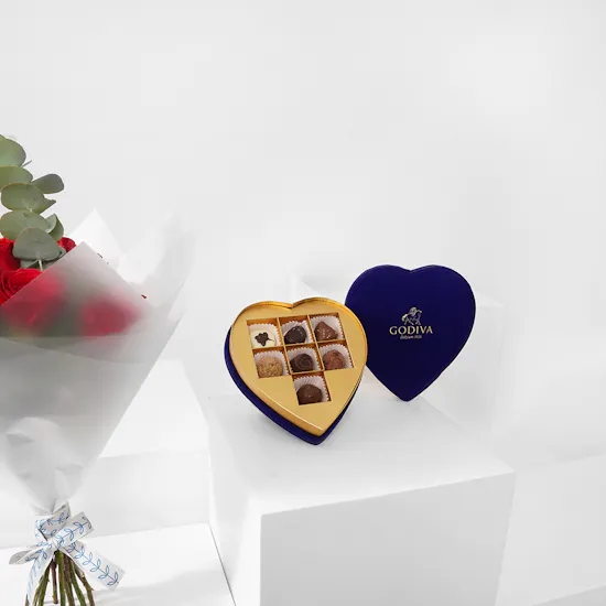 Godiva Heart Chocolates Box | 12 Red Roses