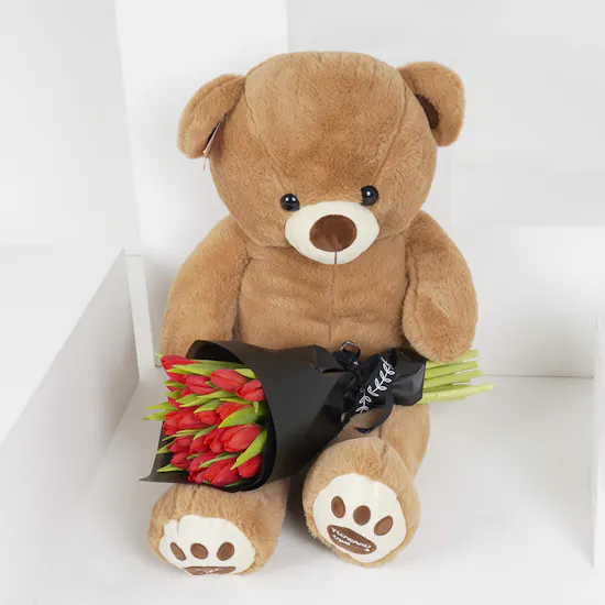 20 Red Tulips Hand Bouquet with a Medium Teddy Bear