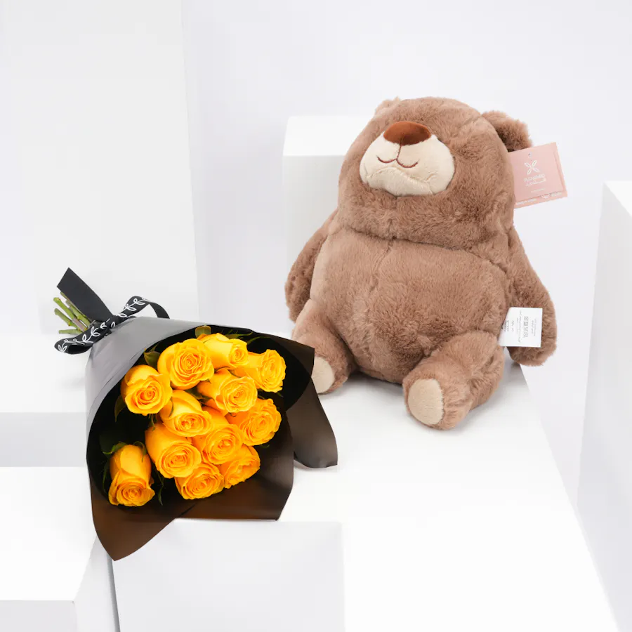Floward Plush Bear with 12 Yellow Roses Bouquet 2