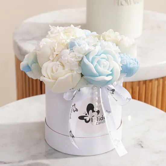 Lelido Medium Blue and White Rose Candle Bouquet | Softly Lit Gesture Flowers