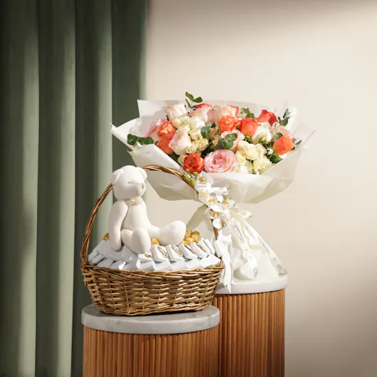 Le Chocolatier Dubai Baby Teddy Bear Chocolate Basket | Joyful Bouquet