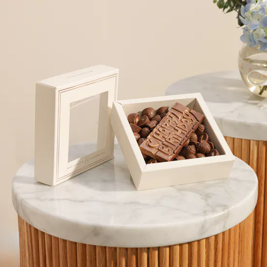 Ghazl Chocolatier Happy Birthday Mini Box | Calm Petal Harmony Flowers Vase