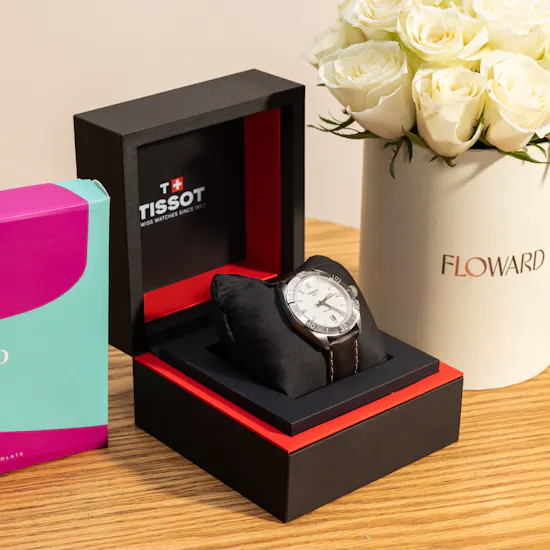 Tissot Brown Leather Men’s Watch | Moko Crunch Chocolate Box with Flowers