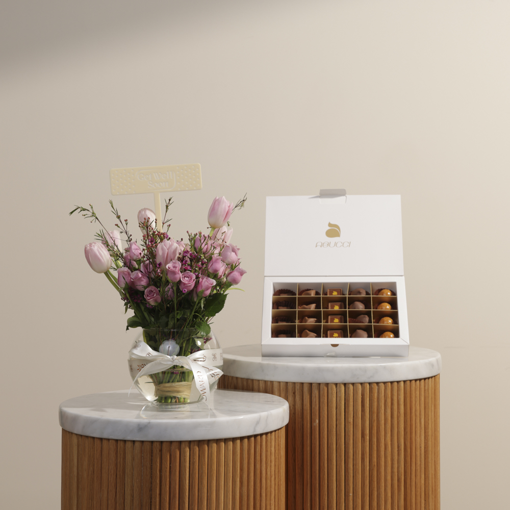 صندوق شوكولاتة من ابوتشي | مزهرية تمنيات الشفاء العاجل