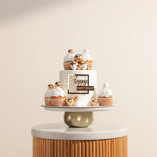 December Cake Golden White Birthday Cake and Cupcakes