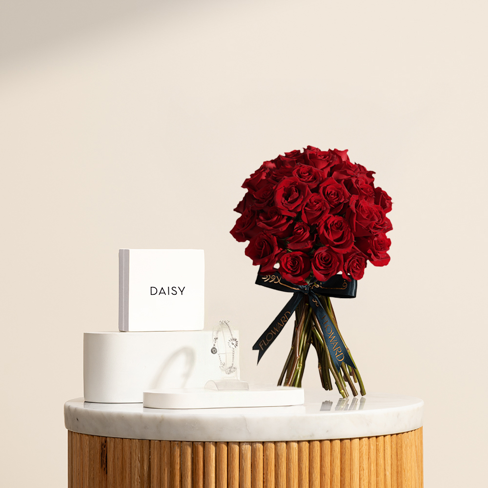 Daisy Chain Flower Silver Bracelet | Charm Red Roses Bouquet 