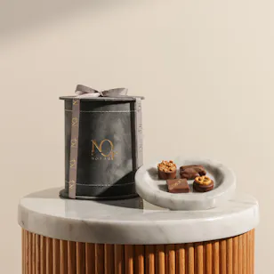 Nor Noyau Small Grey Velvet Round Chocolate Box | 250 gm