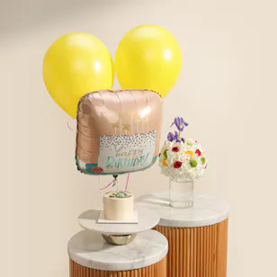 Floward Mini Dino Birthday Vanilla Cake | Flowers Vase and Happy Birthday Balloons