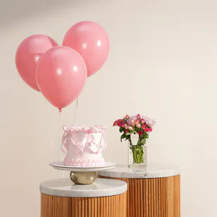 December Cake Pink Ribbon Cake | Bright Flowers and Balloon